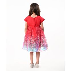 Babyhug Woven Cap Sleeves Fit & Flare Party Frock with Sequinned Detailing & Bow Applique- Red