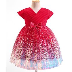 Babyhug Woven Cap Sleeves Fit & Flare Party Frock with Sequinned Detailing & Bow Applique- Red