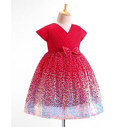 Babyhug Woven Cap Sleeves Fit & Flare Party Frock with Sequinned Detailing & Bow Applique- Red