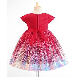 Babyhug Woven Cap Sleeves Fit & Flare Party Frock with Sequinned Detailing & Bow Applique- Red