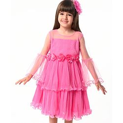 Babyhug Woven Mesh Sleeves Fit & Flare Tiered Party Frock with Floral Applique -Pink