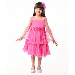 Babyhug Woven Mesh Sleeves Fit & Flare Tiered Party Frock with Floral Applique -Pink