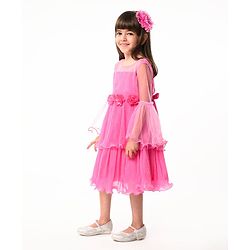 Babyhug Woven Mesh Sleeves Fit & Flare Tiered Party Frock with Floral Applique -Pink