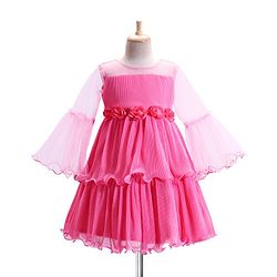 Babyhug Woven Mesh Sleeves Fit & Flare Tiered Party Frock with Floral Applique -Pink