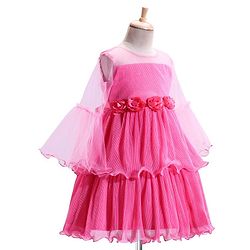 Babyhug Woven Mesh Sleeves Fit & Flare Tiered Party Frock with Floral Applique -Pink