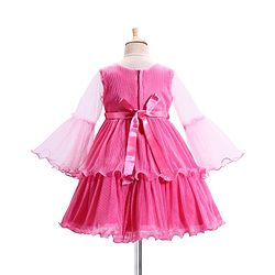 Babyhug Woven Mesh Sleeves Fit & Flare Tiered Party Frock with Floral Applique -Pink