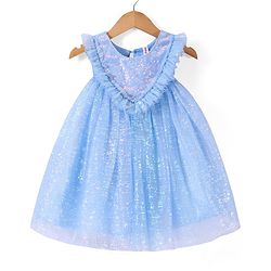 Babyhug Woven Sleeveless Fit & Flare Mesh Party Frock With Frilled Detailing - Blue