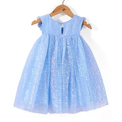 Babyhug Woven Sleeveless Fit & Flare Mesh Party Frock With Frilled Detailing - Blue