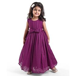 Babyhug Woven Sleeveless Fit & Flare Party Gown with Curled Hem Bow Applique -Purple