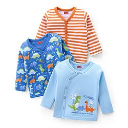 Babyhug Interlock Cotton Knit Full Sleeves Front Open Vests With Stripes & Dino Print Pack of 3 - Orange & Blue