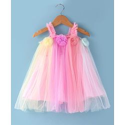 Babyhug Woven Sleeveless Solid Colour A Line Party Frock with Floral Applique - Yellow & Pink