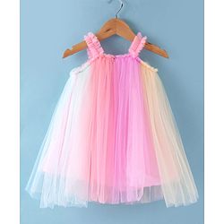 Babyhug Woven Sleeveless Solid Colour A Line Party Frock with Floral Applique - Yellow & Pink