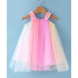 Babyhug Woven Sleeveless A Line Party Frock With Panels & Floral Corsage  - Yellow & Pink
