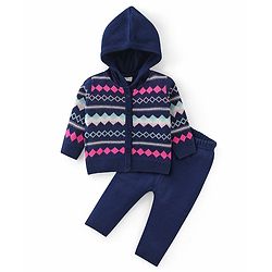 Babyhug Knitted Full Sleeves Front Open Hooded Sweater Set With Aztec Design - Navy Blue