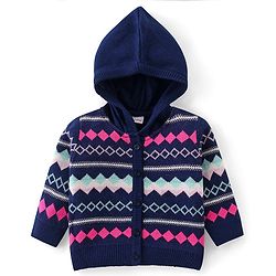 Babyhug Knitted Full Sleeves Front Open Hooded Sweater Set With Aztec Design - Navy Blue