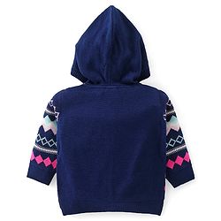 Babyhug Knitted Full Sleeves Front Open Hooded Sweater Set With Aztec Design - Navy Blue