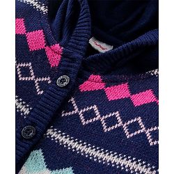Babyhug Knitted Full Sleeves Front Open Hooded Sweater Set With Aztec Design - Navy Blue
