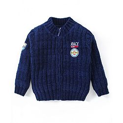 Babyhug Knitted Full Sleeves Front Open Sweater with Text Embroidery - Navy Blue