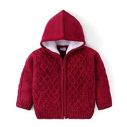 Babyhug Knitted Full Sleeves Front Open Hooded Sweater With Cable Knit Design - Maroon