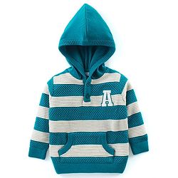 Babyhug Knitted Full Sleeves Hooded Striped Sweater with Kangaroo Pockets & Alphabet Embroidery - Teal Blue