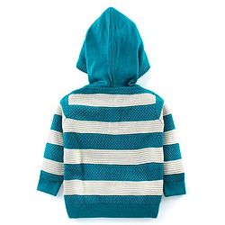 Babyhug Knitted Full Sleeves Hooded Striped Sweater with Kangaroo Pockets & Alphabet Embroidery - Teal Blue