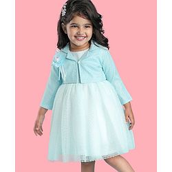 Babyhug Woven Full Sleeves Honeycomb Textured Fabric Fit & Flared Party Frock with Blazer & Floral Applique - Mint
