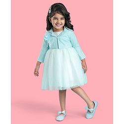 Babyhug Woven Full Sleeves Honeycomb Textured Fabric Fit & Flared Party Frock with Blazer & Floral Applique - Mint