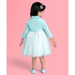 Babyhug Woven Full Sleeves Honeycomb Textured Fabric Fit & Flared Party Frock with Blazer & Floral Applique - Mint