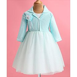 Babyhug Woven Full Sleeves Honeycomb Textured Fabric Fit & Flared Party Frock with Blazer & Floral Applique - Mint