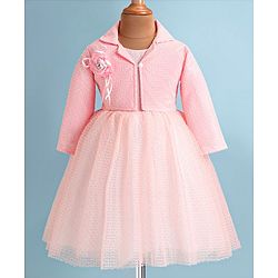 Babyhug Woven Full Sleeves Honeycomb Textured Fabric Fit & Flared Party Frock with Blazer & Floral Applique - Mint