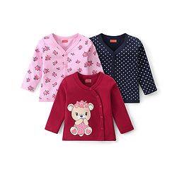 Babyhug 100% Cotton Front Open Set of Vets with Teddy Floral & Polka Dots Print Pack of 3 - Pink Maroon & Navy Blue