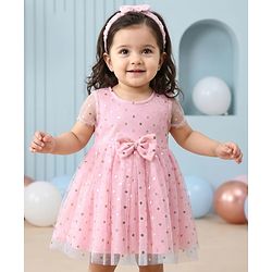 Babyhug Woven Half Sleeves Fit & Flared Party Frock with Headband & Foil Print Bow Applique - Pink