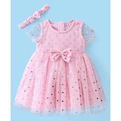Babyhug Woven Half Sleeves Fit & Flared Party Frock with Headband & Foil Print Bow Applique - Pink