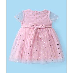Babyhug Woven Half Sleeves Fit & Flared Party Frock with Headband & Foil Print Bow Applique - Pink