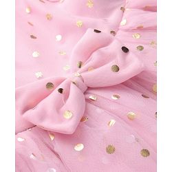 Babyhug Woven Half Sleeves Fit & Flared Party Frock with Headband & Foil Print Bow Applique - Pink