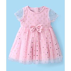 Babyhug Woven Half Sleeves Fit & Flared Party Frock with Headband & Foil Print Bow Applique - Pink