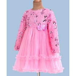 Babyhug Woven Full Sleeves Fit & Flared Party Frock with Sequin on Yoke & Floral Applique - Pink