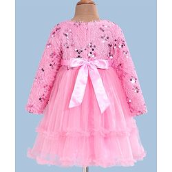 Babyhug Woven Full Sleeves Fit & Flared Party Frock with Sequin on Yoke & Floral Applique - Pink