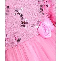 Babyhug Woven Full Sleeves Fit & Flared Party Frock with Sequin on Yoke & Floral Applique - Pink