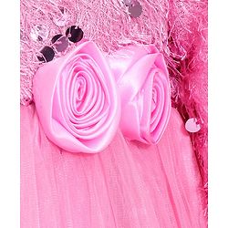 Babyhug Woven Full Sleeves Fit & Flared Party Frock with Sequin on Yoke & Floral Applique - Pink