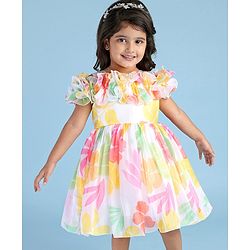 Babyhug Woven Sleeveless Floral Printed Fit & Flared Party Frock with Frill Detailing  - White Pink & Red