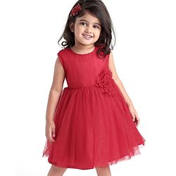 Babyhug Woven Pleated Fabric Sleeveless Solid Party Dress with  Floral Applique - Red