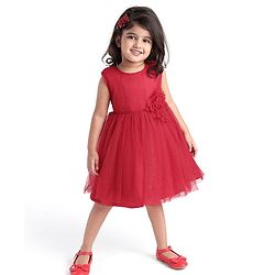 Babyhug Woven Pleated Fabric Sleeveless Solid Party Dress with  Floral Applique - Red