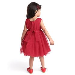 Babyhug Woven Pleated Fabric Sleeveless Solid Party Dress with  Floral Applique - Red