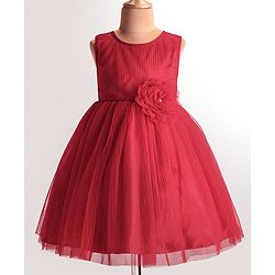 Babyhug Woven Pleated Fabric Sleeveless Solid Party Dress with  Floral Applique - Red