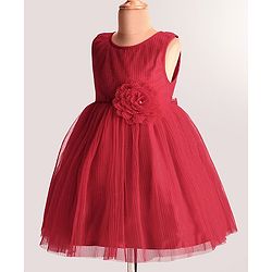 Babyhug Woven Pleated Fabric Sleeveless Solid Party Dress with  Floral Applique - Red