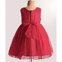 Babyhug Woven Pleated Fabric Sleeveless Solid Party Dress with  Floral Applique - Red