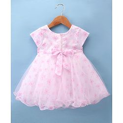 Babyhug Woven Half Sleeves Fit and Flare Dress Party Frock With Floral Print & Bow Applique- White & Pink