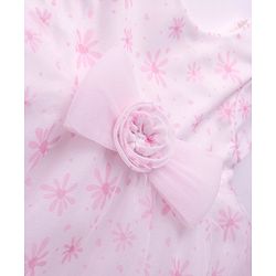 Babyhug Woven Half Sleeves Fit and Flare Dress Party Frock With Floral Print & Bow Applique- White & Pink