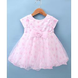 Babyhug Woven Half Sleeves Fit and Flare Dress Party Frock With Floral Print & Bow Applique- White & Pink
